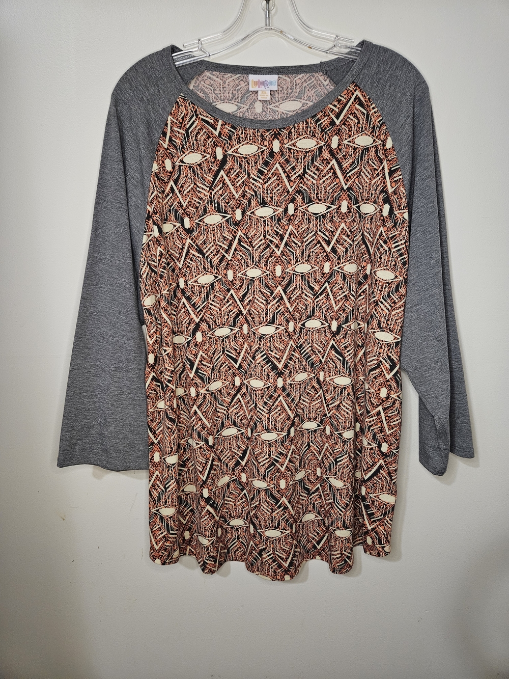 LuLaRoe Grey Sleeve Geo Print Women's Randy Top - Rust/Cream